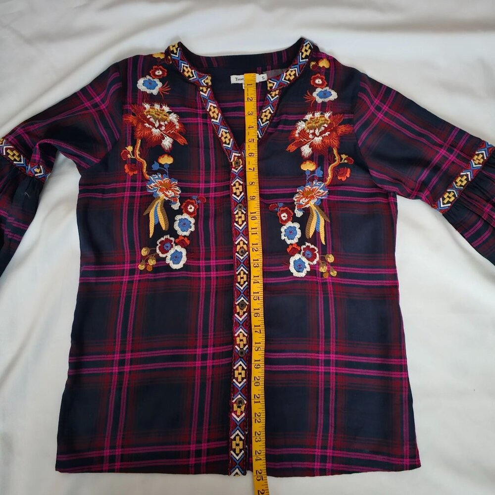 Time For Me Plaid Embroidered Floral Balloon Sleeve V-Neck Blouse Women's Small - Picture 15 of 15